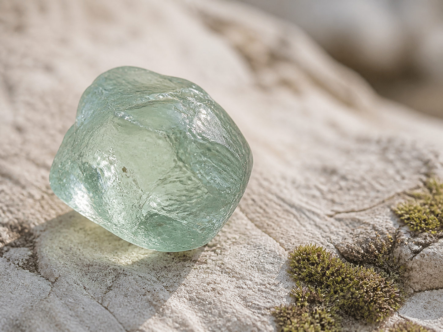 A pale green natural crystal resting on stone